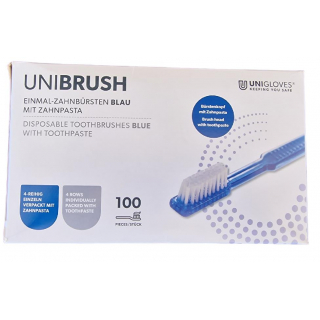Unibrush Einmalzahnbürste mit Zahnpasta 100 Stück Blau