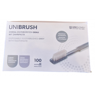 Unibrush Einmalzahnbürste mit Zahnpasta 100 Stück Grau