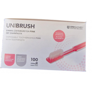 Unibrush Einmalzahnbürsten mit Zahnpasta 100 Stück Pink