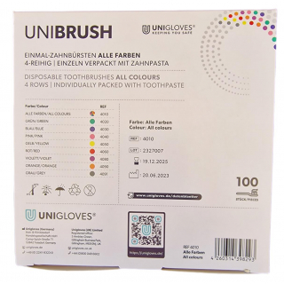 Unibrush Einmalzahnbürsten mit Zahnpasta bunt gemischt 100 Stück